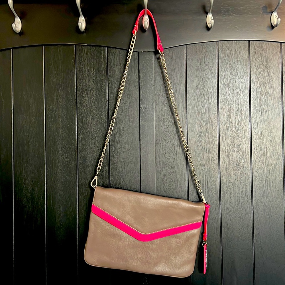Cynthia Rowley leather crossbody purse; grey/brown with neon pink detail